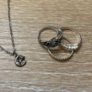 Sterling Silver Rings & Moon Face Necklace